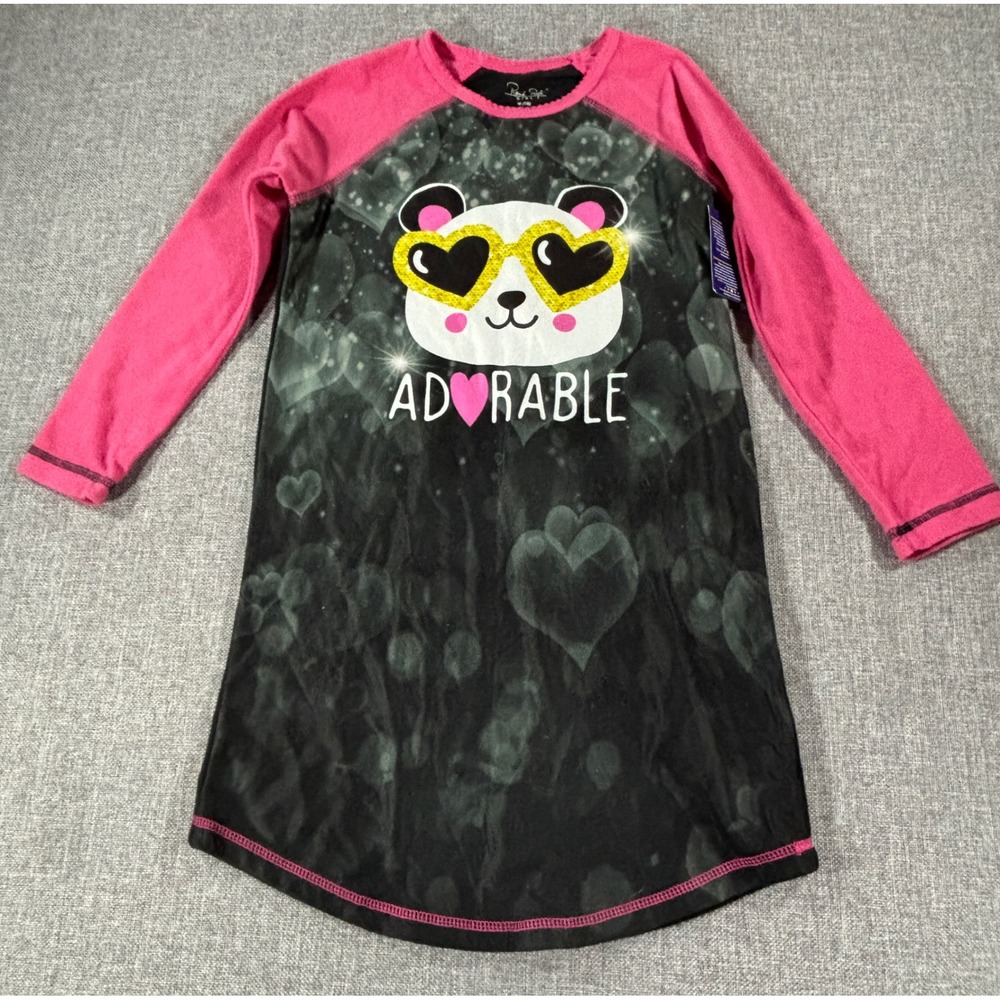Rene Rofe Girls Panda Nightgown Size 7/8 Pink Black Fleece Adorable Heart